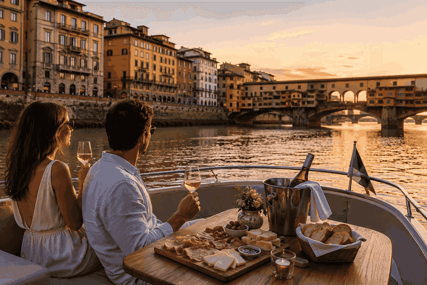 Arno River cruise in Florence with a Tuscan aperitivo and white wine at sunset near Ponte Vecchio.